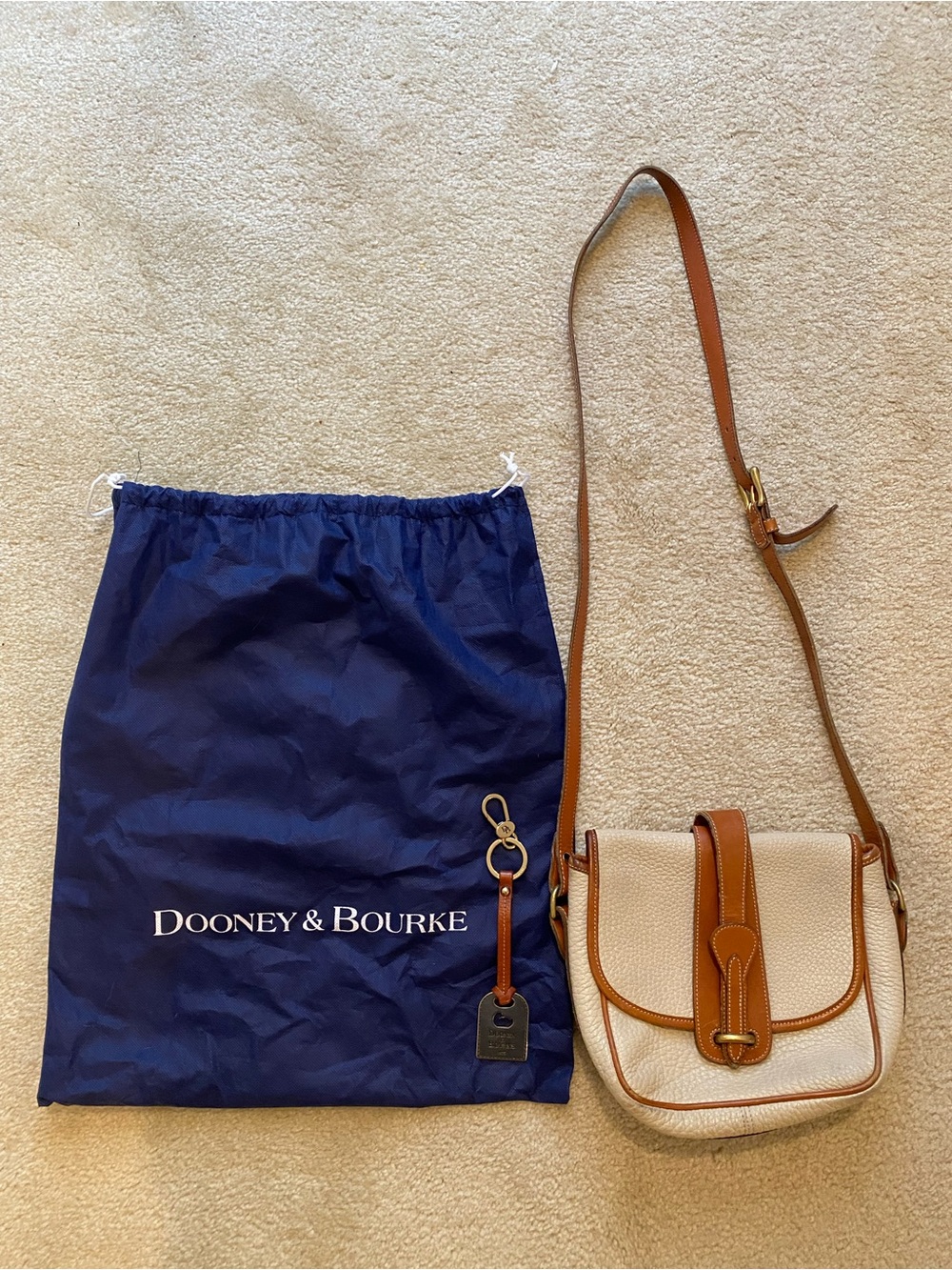 Vintage Dooney & Bourke Cream Pebbled Leather Crossbody with Brown Trim